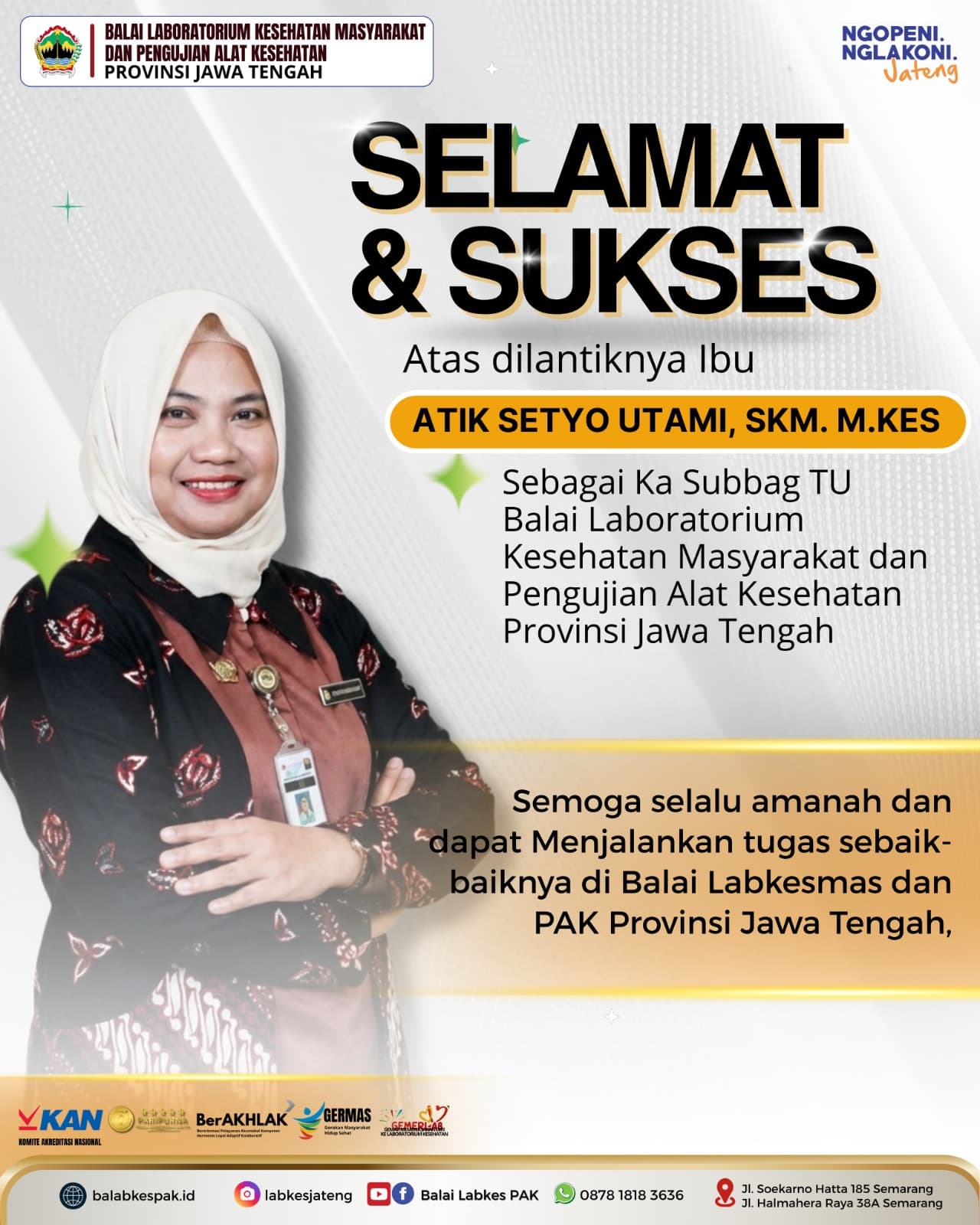 Kasubbag TU Balai Labkesmas dan PAK Prov. Jateng Resmi Dilantik